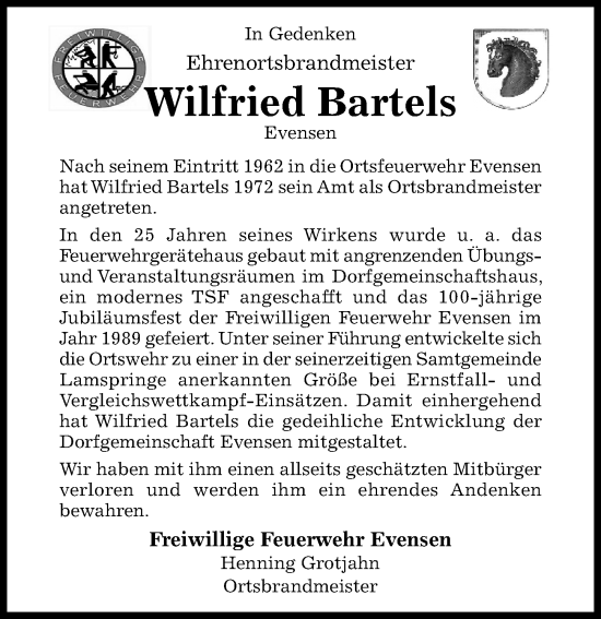 Traueranzeige von Wilfried Bartels von Hildesheimer Allgemeine Zeitung