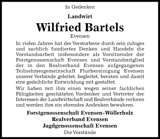 Traueranzeige von Wilfried Bartels von Hildesheimer Allgemeine Zeitung