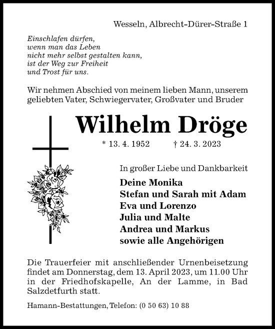 Traueranzeige von Wilhelm Dröge von Hildesheimer Allgemeine Zeitung