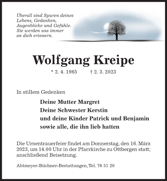 Traueranzeige von Wolfgang Kreipe von Hildesheimer Allgemeine Zeitung