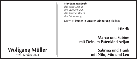 Traueranzeige von Wolfgang Müller von Hildesheimer Allgemeine Zeitung