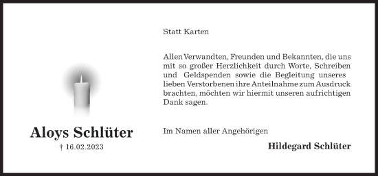 Traueranzeige von Aloys Schlüter von Hildesheimer Allgemeine Zeitung