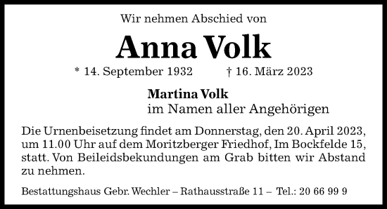 Traueranzeige von Anna Volk von Hildesheimer Allgemeine Zeitung