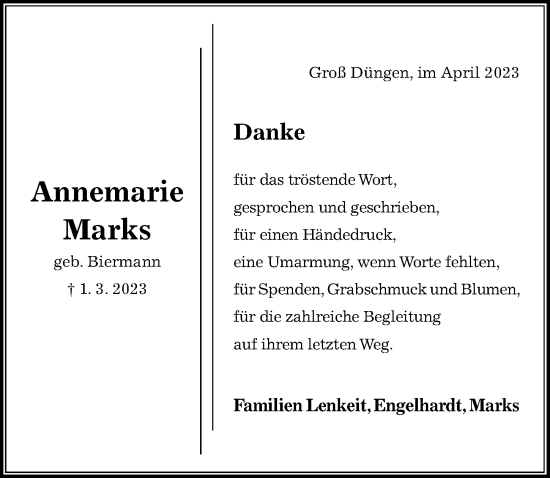 Traueranzeige von Annemarie Marks von Hildesheimer Allgemeine Zeitung