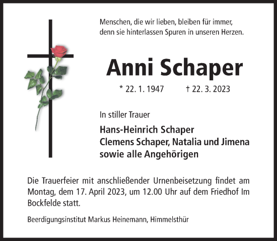 Traueranzeige von Anni Schaper von Hildesheimer Allgemeine Zeitung