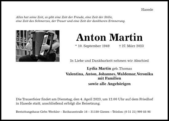 Traueranzeige von Anton Martin von Hildesheimer Allgemeine Zeitung