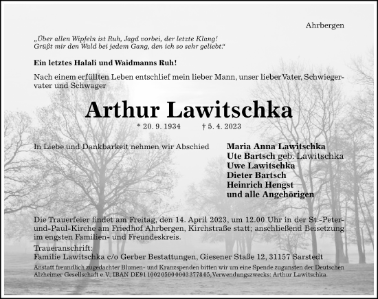 Traueranzeige von Arthur Lawitschka von Hildesheimer Allgemeine Zeitung