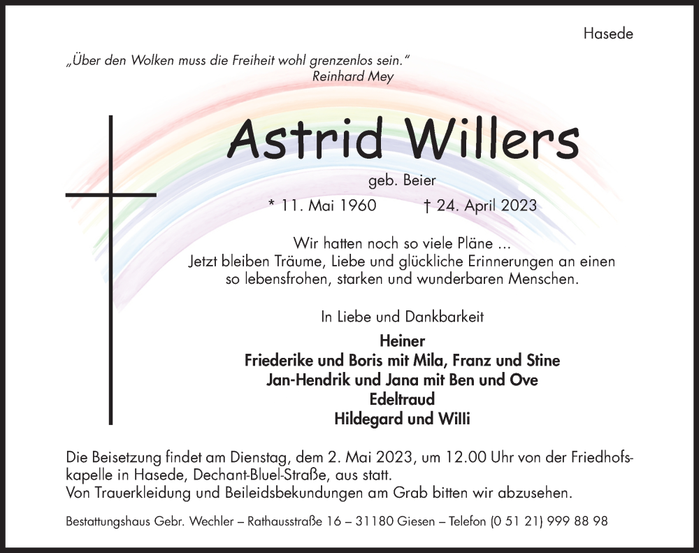  Traueranzeige für Astrid Willers vom 29.04.2023 aus Hildesheimer Allgemeine Zeitung