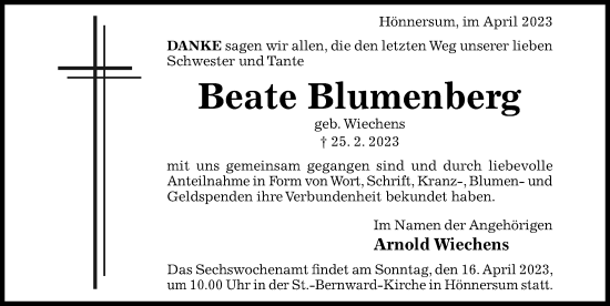 Traueranzeige von Beate Blumenberg von Hildesheimer Allgemeine Zeitung