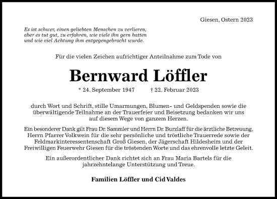 Traueranzeige von Bernward Löffler von Hildesheimer Allgemeine Zeitung