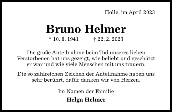 Traueranzeige von Bruno Helmer von Hildesheimer Allgemeine Zeitung