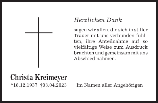 Traueranzeige von Christa Kreimeyer von Hildesheimer Allgemeine Zeitung