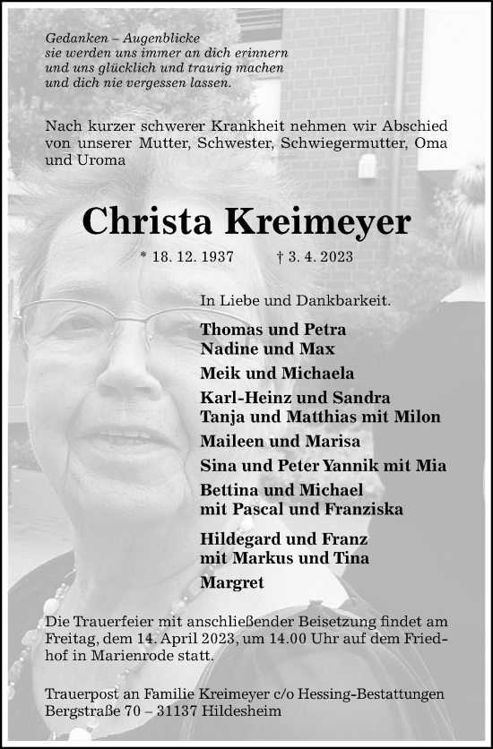 Traueranzeige von Christa Kreimeyer von Hildesheimer Allgemeine Zeitung