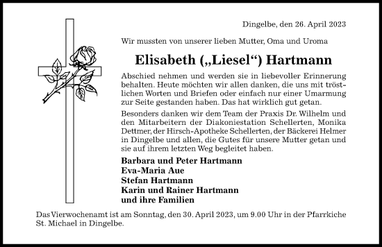 Traueranzeige von Elisabeth Hartmann von Hildesheimer Allgemeine Zeitung