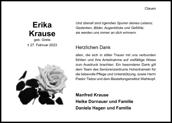 Traueranzeige von Erika Krause von Hildesheimer Allgemeine Zeitung