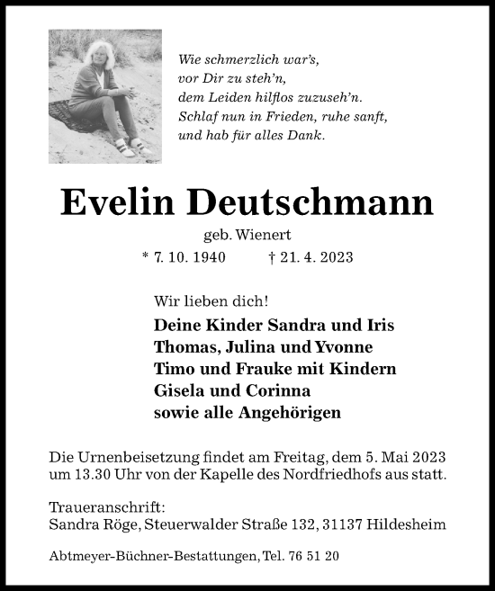 Traueranzeige von Evelin Deutschmann von Hildesheimer Allgemeine Zeitung