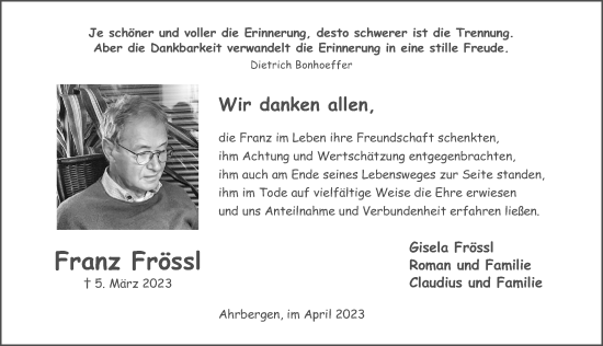 Traueranzeige von Franz Frössl von Hildesheimer Allgemeine Zeitung