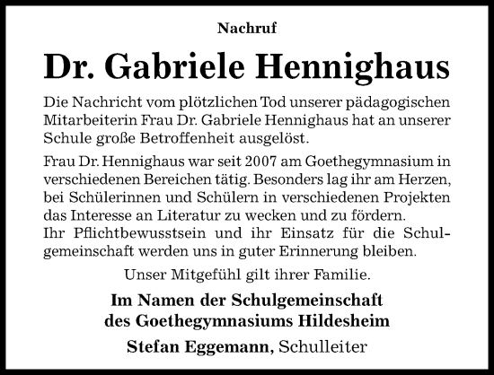 Traueranzeige von Gabriele Hennighaus von Hildesheimer Allgemeine Zeitung