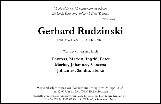 Traueranzeige von Gerhard Rudzinski von Hildesheimer Allgemeine Zeitung