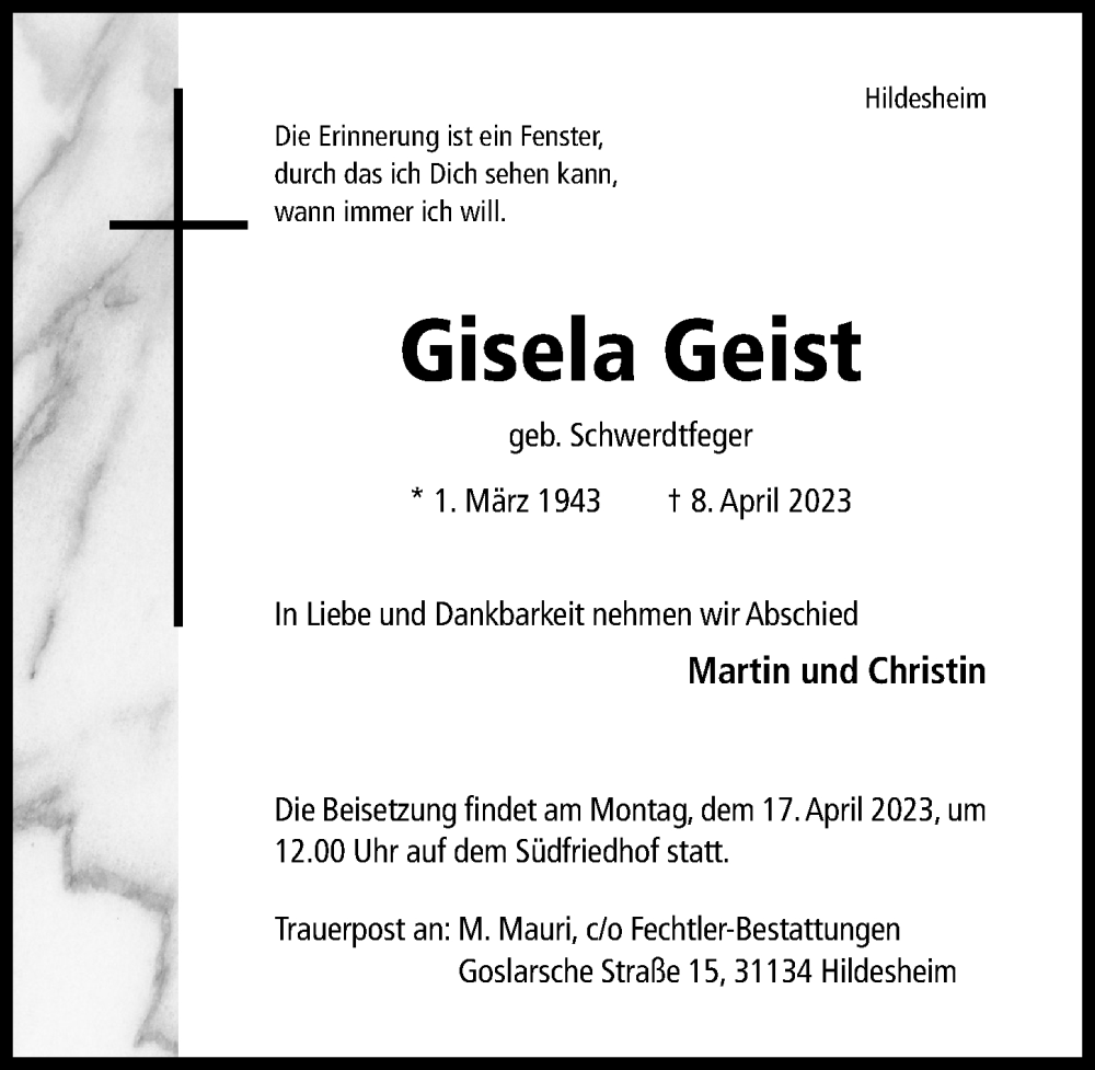 Traueranzeigen von Gisela Geist | Trauerportal Hildesheimer Allgemeine  Zeitung