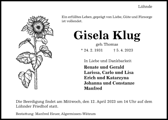 Traueranzeige von Gisela Klug von Hildesheimer Allgemeine Zeitung