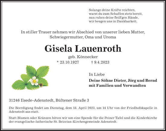 Traueranzeige von Gisela Lauenroth von Hildesheimer Allgemeine Zeitung