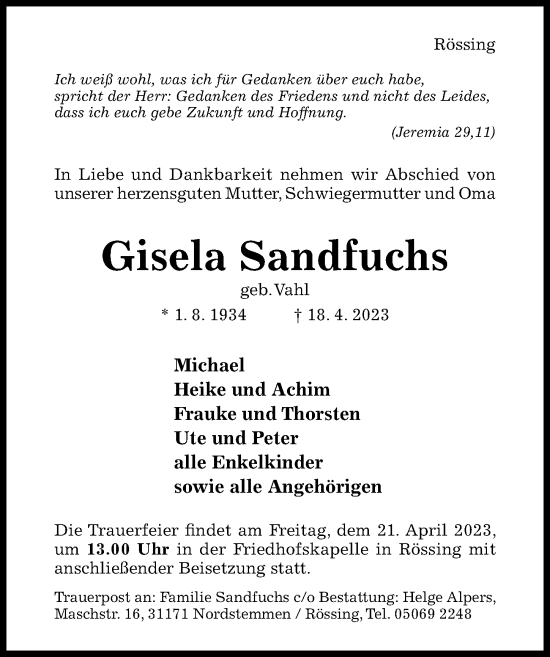 Traueranzeige von Gisela Sandfuchs von Hildesheimer Allgemeine Zeitung