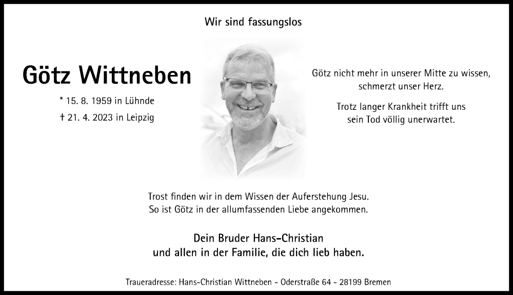  Traueranzeige für Götz Wittneben vom 29.04.2023 aus Hildesheimer Allgemeine Zeitung