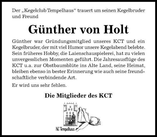 Traueranzeige von Günther von Holt von Hildesheimer Allgemeine Zeitung