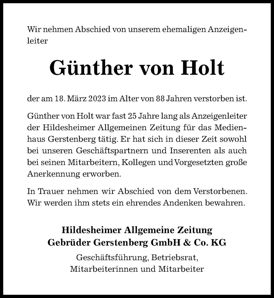  Traueranzeige für Günther von Holt vom 01.04.2023 aus Hildesheimer Allgemeine Zeitung