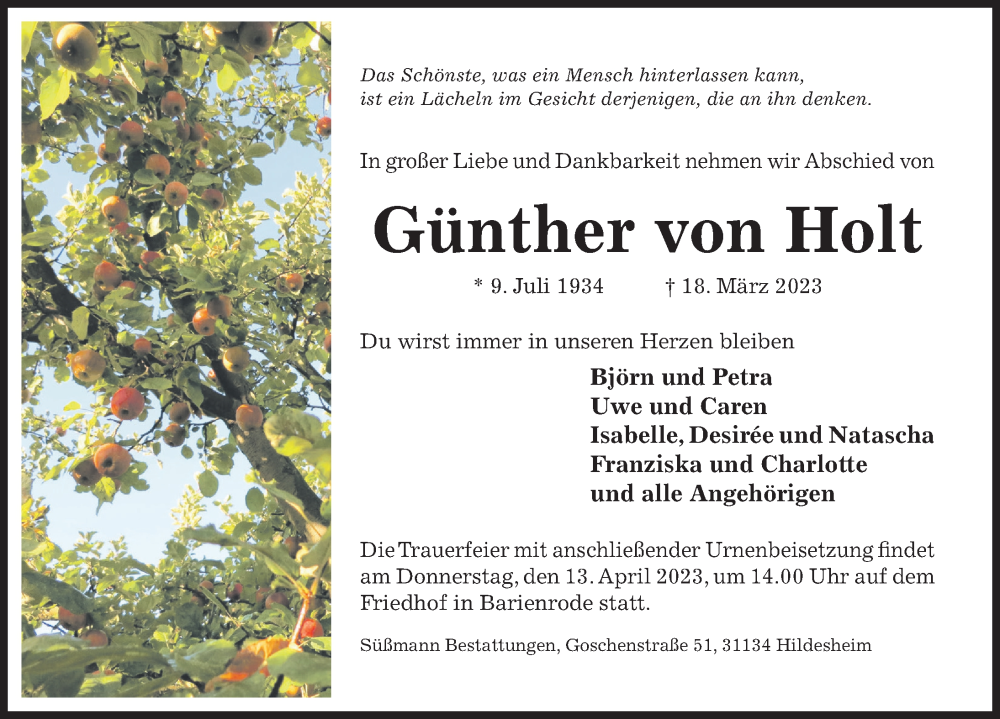  Traueranzeige für Günther von Holt vom 01.04.2023 aus Hildesheimer Allgemeine Zeitung