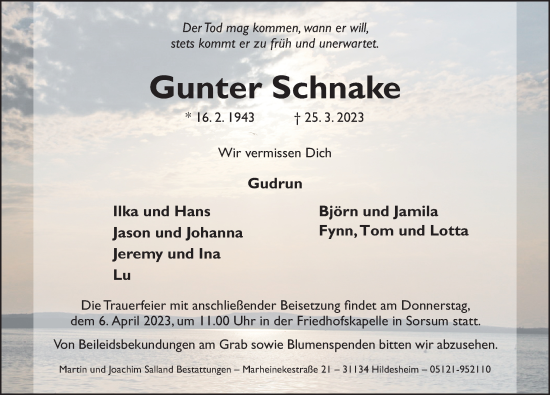 Traueranzeige von Gunter Schnake von Hildesheimer Allgemeine Zeitung