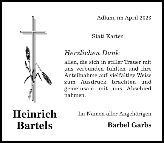 Traueranzeige von Heinrich Bartels von Hildesheimer Allgemeine Zeitung