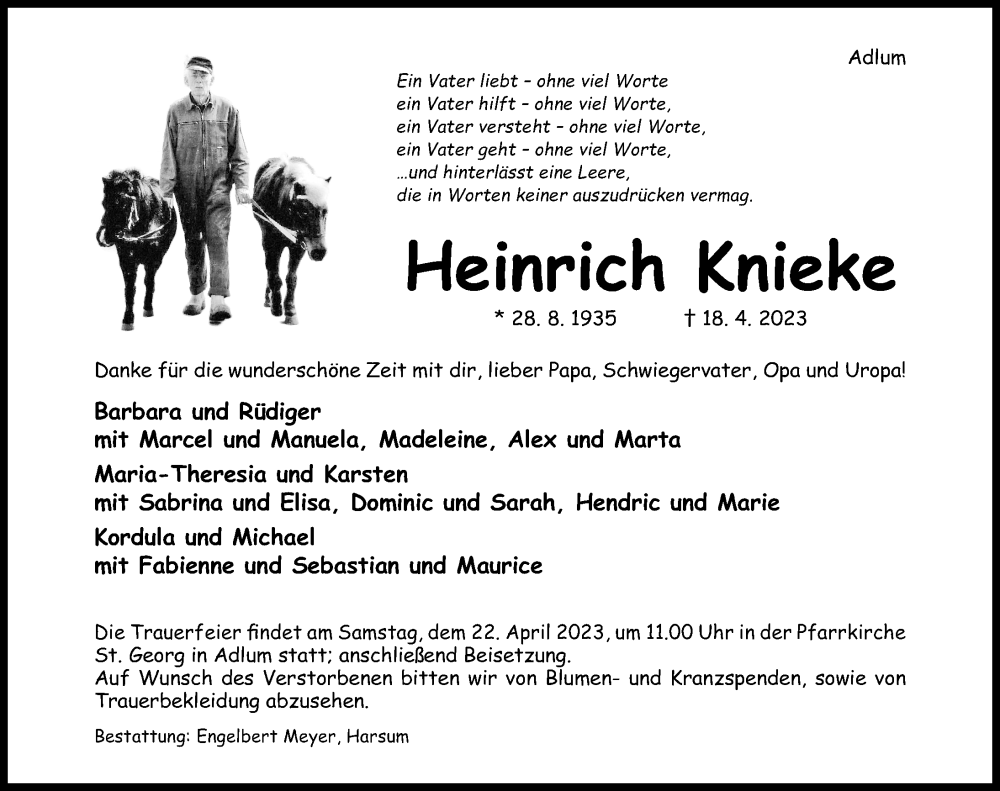  Traueranzeige für Heinrich Knieke vom 20.04.2023 aus Hildesheimer Allgemeine Zeitung