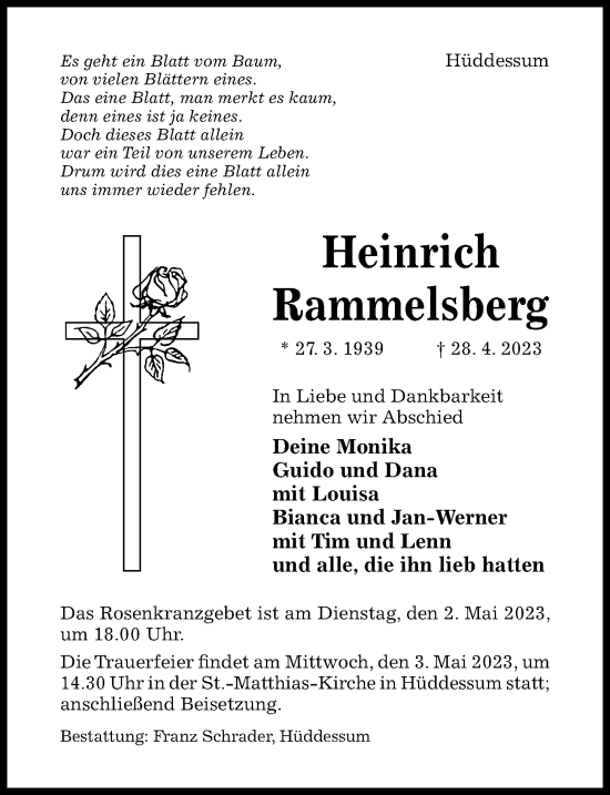 Traueranzeige von Heinrich Rammelsberg von Hildesheimer Allgemeine Zeitung