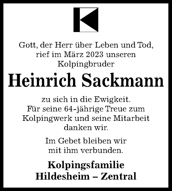 Traueranzeige von Heinrich Sackmann von Hildesheimer Allgemeine Zeitung