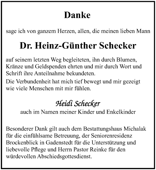 Traueranzeige von Heinz-Günther Schecker von Hildesheimer Allgemeine Zeitung