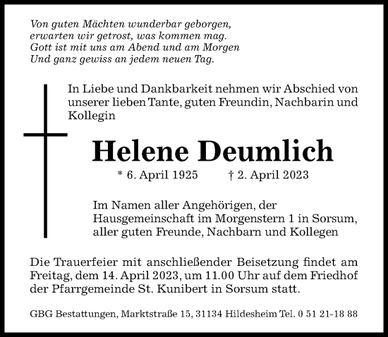 Traueranzeige von Helene Deumlich von Hildesheimer Allgemeine Zeitung