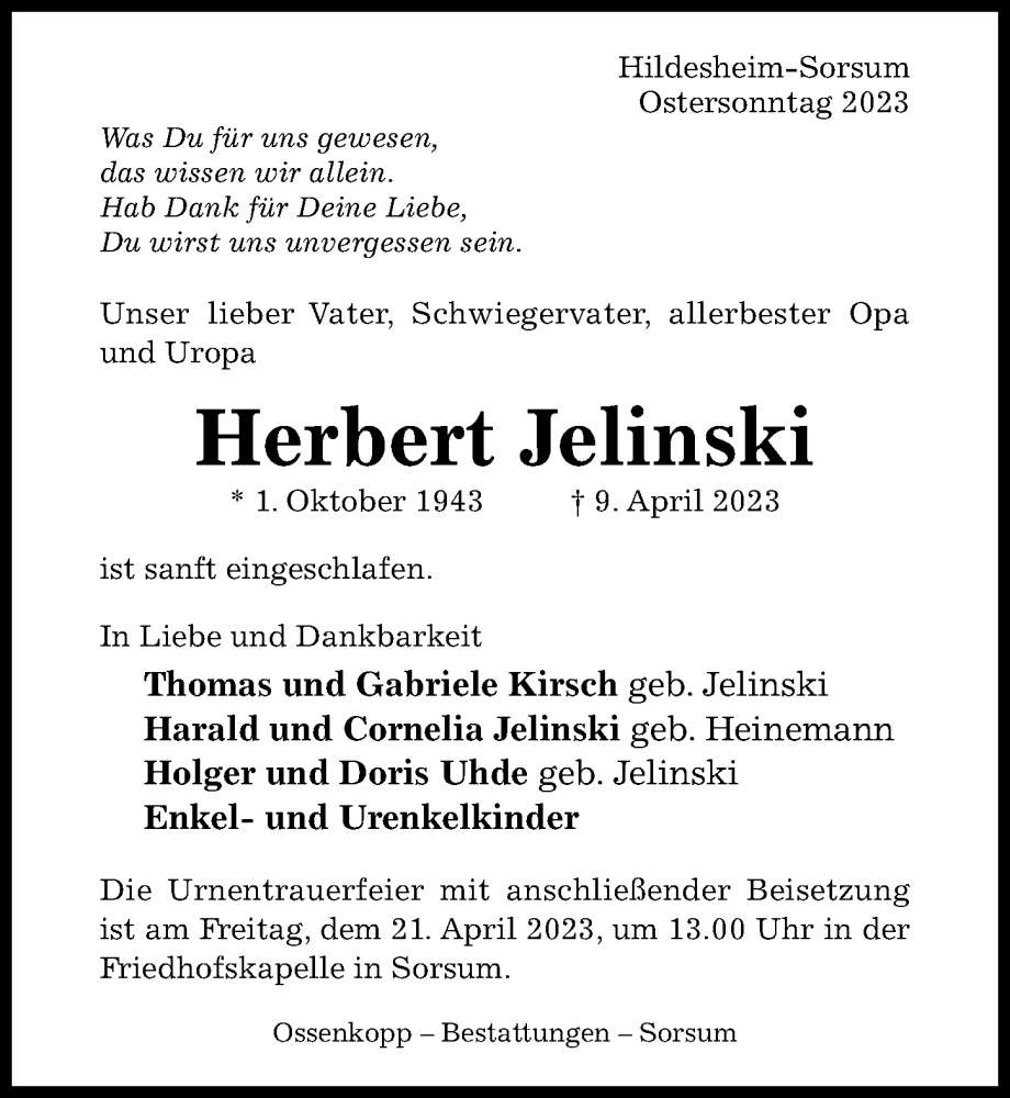  Traueranzeige für Herbert Jelinski vom 19.04.2023 aus Hildesheimer Allgemeine Zeitung