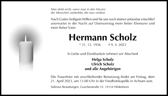 Traueranzeige von Hermann Scholz von Hildesheimer Allgemeine Zeitung