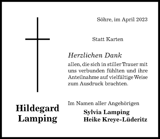 Traueranzeige von Hildegard Lamping von Hildesheimer Allgemeine Zeitung