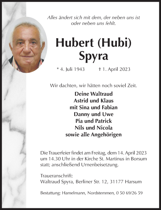 Traueranzeige von Hubert Spyra von Hildesheimer Allgemeine Zeitung