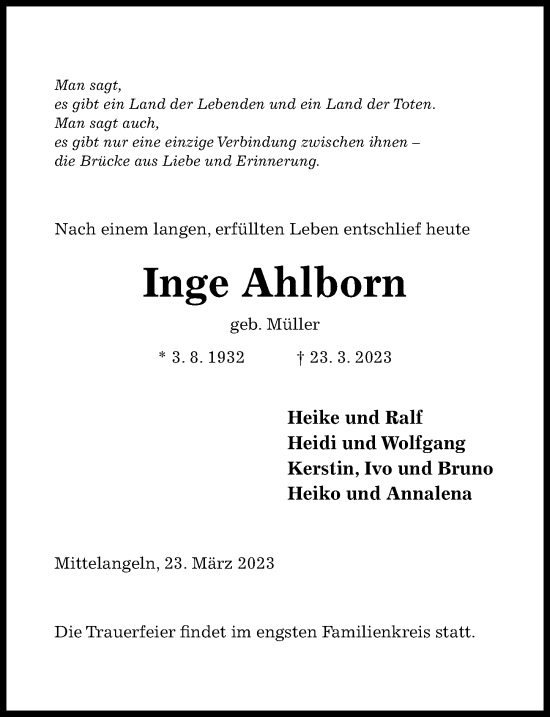 Traueranzeige von Inge Ahlborn von Hildesheimer Allgemeine Zeitung