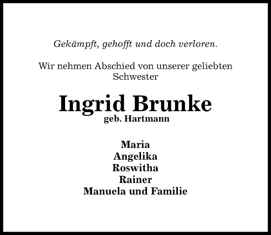 Traueranzeige von Ingrid Brunke von Hildesheimer Allgemeine Zeitung