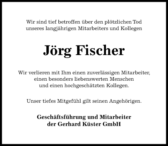 Traueranzeige von Jörg Fischer von Hildesheimer Allgemeine Zeitung
