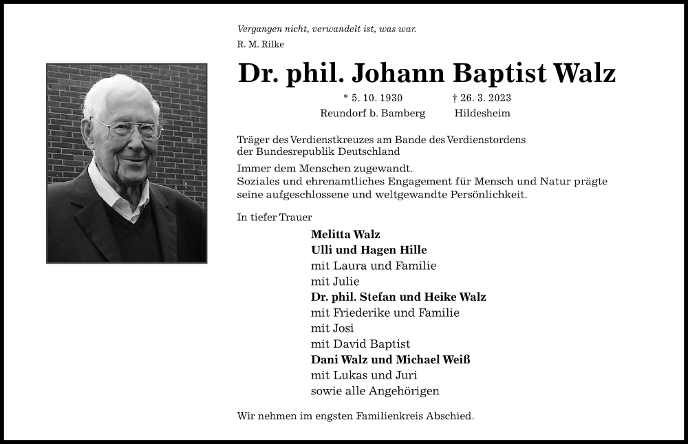 Traueranzeigen Von Johann Baptist Walz | Trauerportal Hildesheimer ...