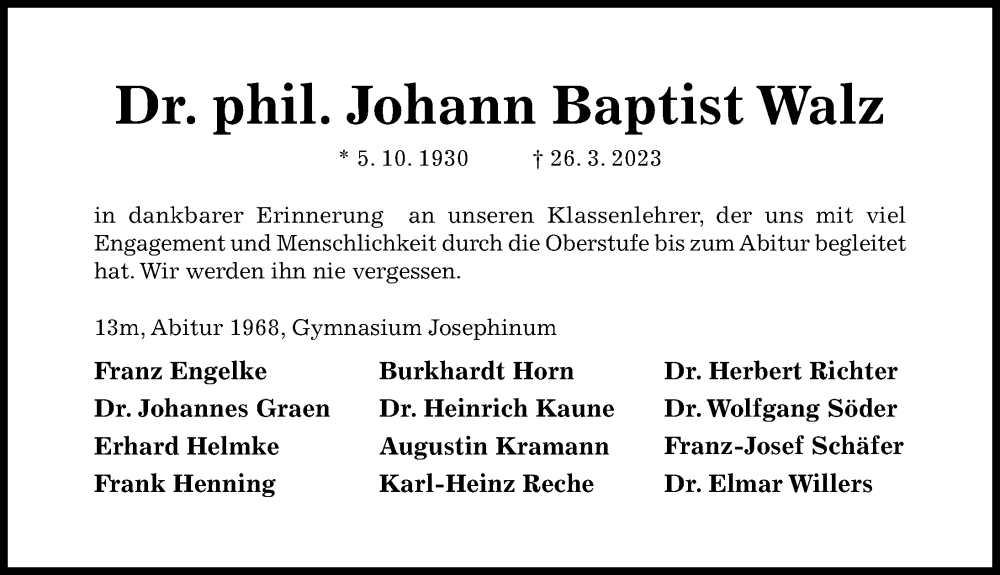 Traueranzeigen Von Johann Baptist Walz | Trauerportal Hildesheimer ...