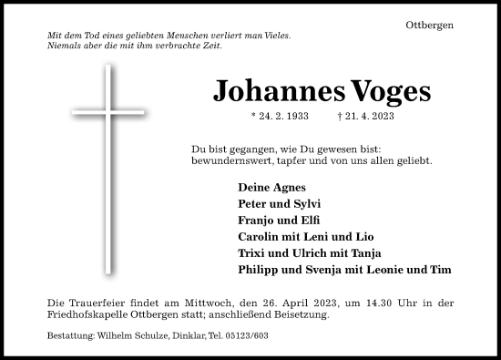 Traueranzeige von Johannes Voges von Hildesheimer Allgemeine Zeitung