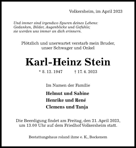 Traueranzeige von Karl-Heinz Stein von Hildesheimer Allgemeine Zeitung