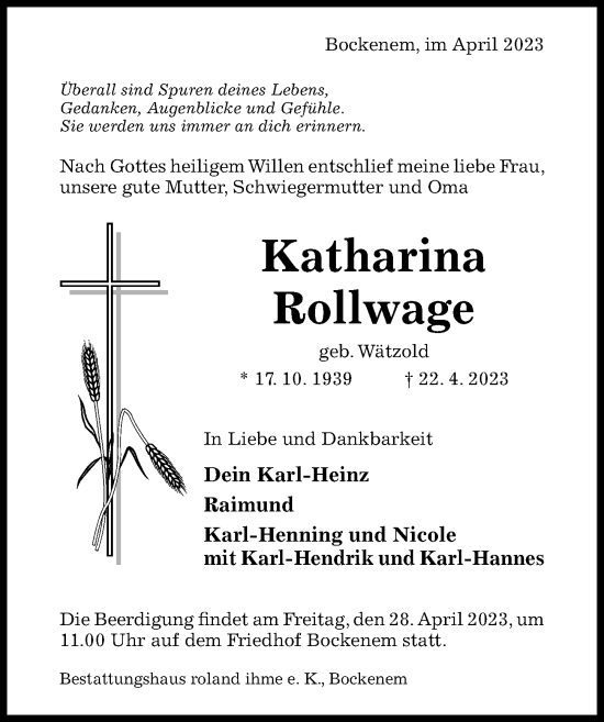 Traueranzeige von Katharina Rollwage von Hildesheimer Allgemeine Zeitung